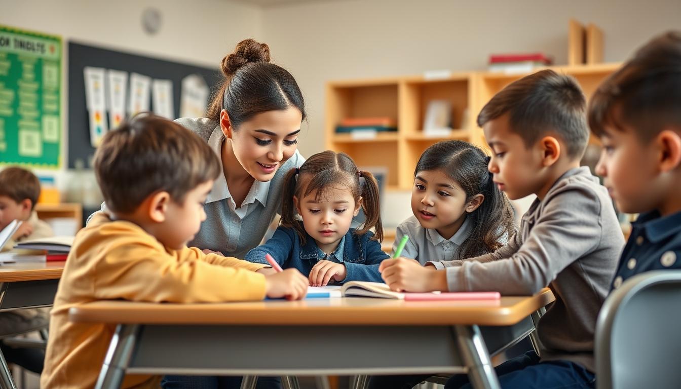 Students studying together in modern classroom